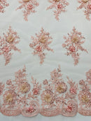 3D Floral Valentina Lace Fabric - Blush - Sequins and Beads on Flower Design Fabric By Yard