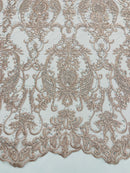 Rhinestone Design Fabric - Blush - Beaded Damask Design Embroidery Corded Lace  by Yard