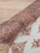Floral Damask Bead Fabric - Blush - Embroidered Floral Clusters with Beads / Sequins by Yard