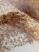 Floral Plant Bead Design - Blush - Beaded Flower Plants Embroidered  Sequins Fabric By Yard