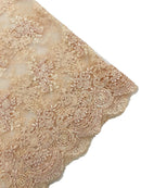 Damask Flower Lace Fabric - Blush - Damask Flowers Embroidered on Lace Fabric By Yard