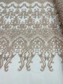 Damask Beaded Glam Fabric - Blush - Embroidery Beaded Fabric with Round Beads Sold By The Yard