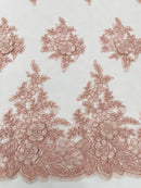 Flower 3D Corded Fabric - Blush - Lace Mesh Fabric Embroidered Floral Design by Yard