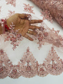 Floral Damask Bead Fabric - Blush - Embroidered Floral Clusters with Beads / Sequins by Yard