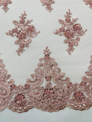 Floral Damask Bead Fabric - Blush - Embroidered Floral Clusters with Beads / Sequins by Yard