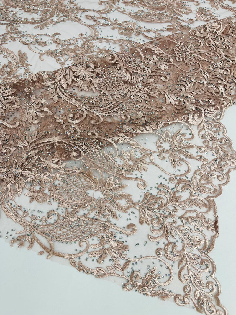 Rhinestone Design Fabric - Blush - Beaded Damask Design Embroidery Corded Lace  by Yard