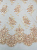 Damask Flower Lace Fabric - Blush - Damask Flowers Embroidered on Lace Fabric By Yard