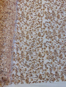 Floral Plant Bead Design - Blush - Beaded Flower Plants Embroidered  Sequins Fabric By Yard