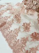Flower 3D Corded Fabric - Blush - Lace Mesh Fabric Embroidered Floral Design by Yard