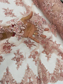 Floral Damask Bead Fabric - Blush - Embroidered Floral Clusters with Beads / Sequins by Yard