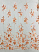 Floral 3D Pearl Fabric - Blush Peach - Embroidered Single Border Flower Design Pearl Fabric By Yard