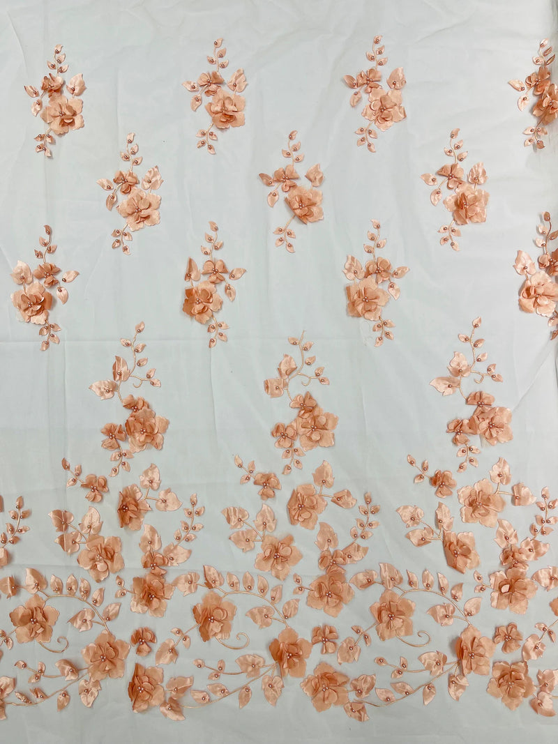 Floral 3D Pearl Fabric - Blush Peach - Embroidered Single Border Flower Design Pearl Fabric By Yard