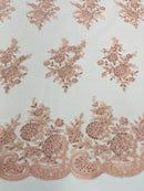 Flower Lace Sequins Fabric - Blush Peach - Embroidered Floral Pattern Fabric with Sequins on Lace By Yard