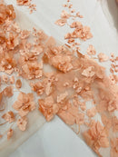 Floral 3D Pearl Fabric - Blush Peach - Embroidered Single Border Flower Design Pearl Fabric By Yard