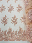 Flower Lace Sequins Fabric - Blush Peach - Embroidered Floral Pattern Fabric with Sequins on Lace By Yard