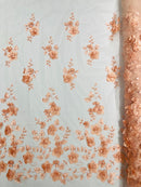 Floral 3D Pearl Fabric - Blush Peach - Embroidered Single Border Flower Design Pearl Fabric By Yard