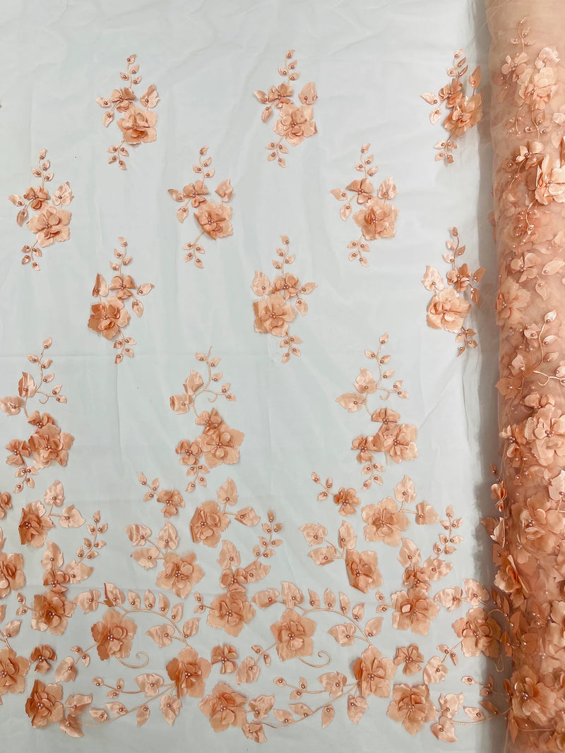 Floral 3D Pearl Fabric - Blush Peach - Embroidered Single Border Flower Design Pearl Fabric By Yard