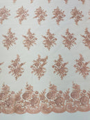 Flower Lace Sequins Fabric - Blush Peach - Embroidered Floral Pattern Fabric with Sequins on Lace By Yard