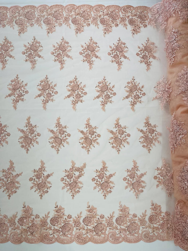 Flower Lace Sequins Fabric - Blush Peach - Embroidered Floral Pattern Fabric with Sequins on Lace By Yard