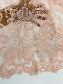 King Lace Design Fabric - Blush Pink - King Design with Sequins Embroidered On Mesh By Yard