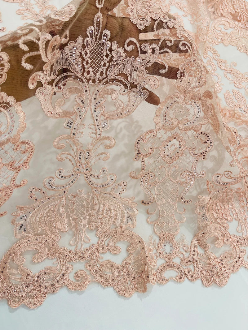 King Lace Design Fabric - Blush Pink - King Design with Sequins Embroidered On Mesh By Yard