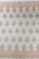 Floral Damask Corded Fabric - Blush Pink - Embroidered Floral Design with Damask Border By Yard