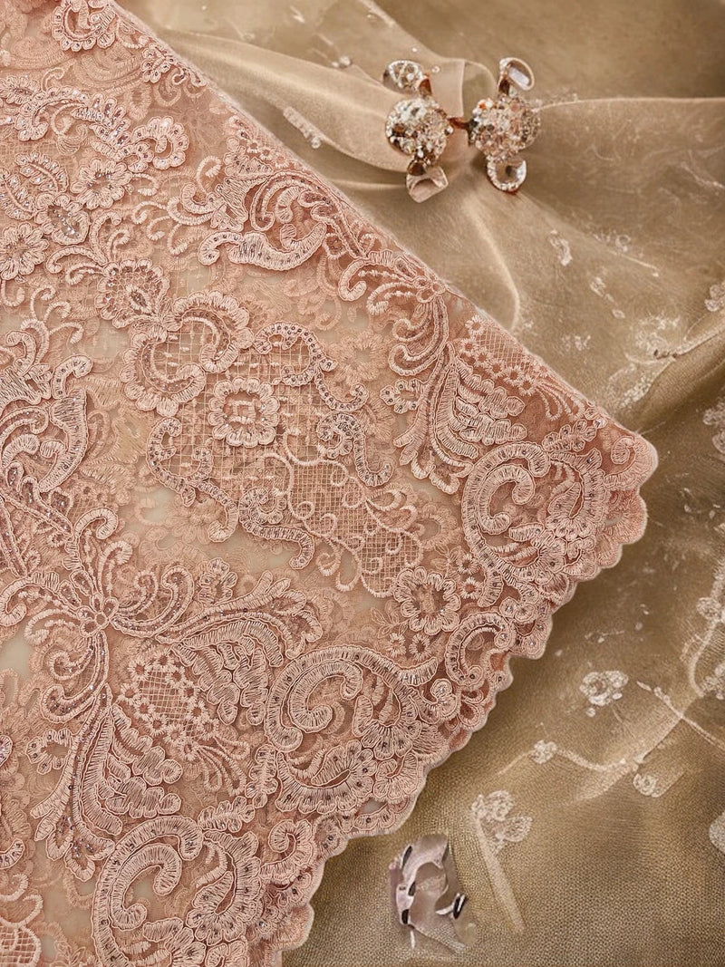 King Lace Design Fabric - Blush Pink - King Design with Sequins Embroidered On Mesh By Yard