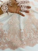 Floral Damask Corded Fabric - Blush Pink - Embroidered Floral Design with Damask Border By Yard