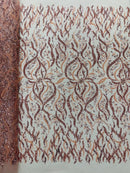 Floral & Leaf Pattern Bead Fabric - Blush Pink - Embroidered Beaded Rhinestone on a Mesh, Sold By Yard