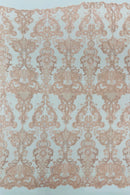 King Lace Design Fabric - Blush Pink - King Design with Sequins Embroidered On Mesh By Yard