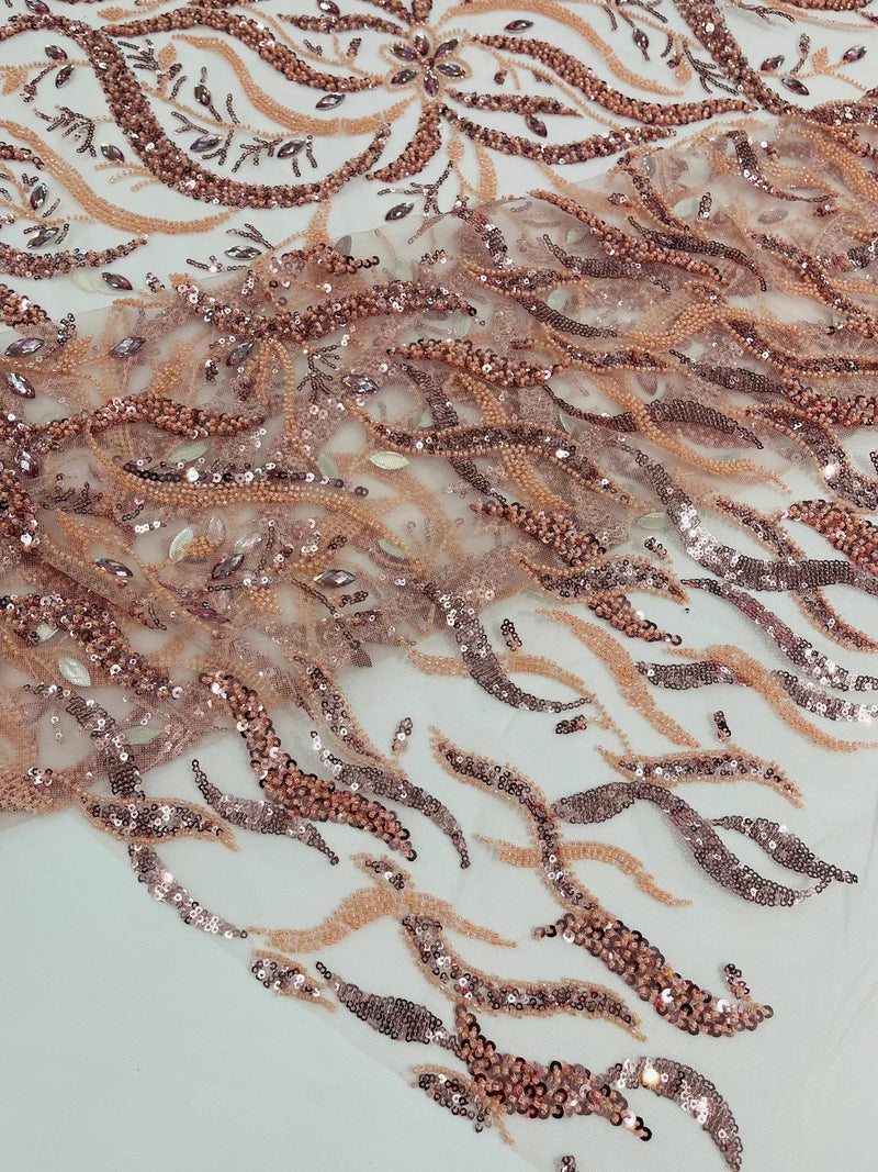 Floral & Leaf Pattern Bead Fabric - Blush Pink - Embroidered Beaded Rhinestone on a Mesh, Sold By Yard