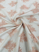Floral Damask Corded Fabric - Blush Pink - Embroidered Floral Design with Damask Border By Yard