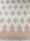 Floral Damask Corded Fabric - Blush Pink - Embroidered Floral Design with Damask Border By Yard