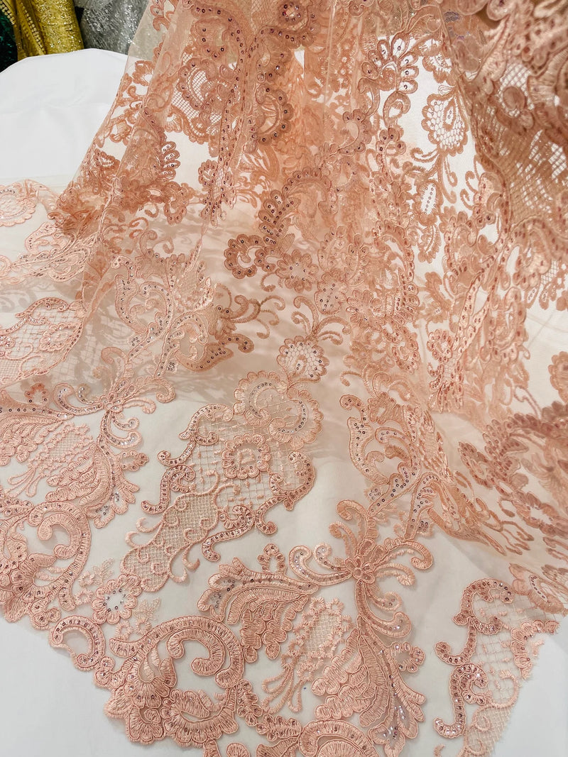 King Lace Design Fabric - Blush Pink - King Design with Sequins Embroidered On Mesh By Yard