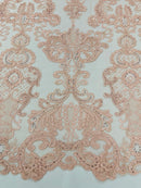 King Lace Design Fabric - Blush Pink - King Design with Sequins Embroidered On Mesh By Yard