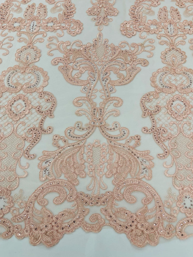 King Lace Design Fabric - Blush Pink - King Design with Sequins Embroidered On Mesh By Yard