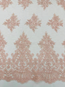 Floral Damask Corded Fabric - Blush Pink - Embroidered Floral Design with Damask Border By Yard