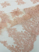 Floral Damask Corded Fabric - Blush Pink - Embroidered Floral Design with Damask Border By Yard