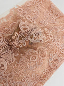 King Lace Design Fabric - Blush Pink - King Design with Sequins Embroidered On Mesh By Yard
