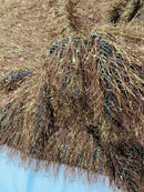 Metallic Fringe Eyelash / Feather - Brown / Gold - Embroidered Fabric with Hanging Details 2 Way Stretch By Yard