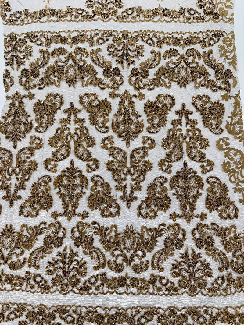 My Lady Beaded Fabric - Brown - Damask Beaded Sequins Embroidered Fabric By Yard