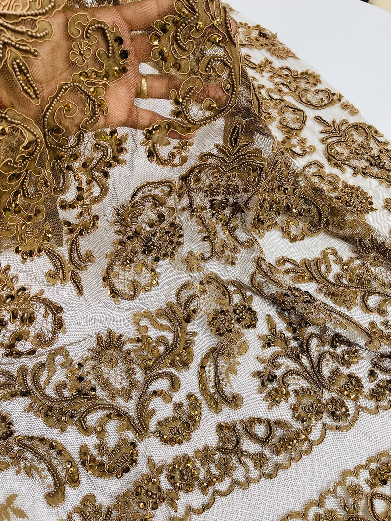 My Lady Beaded Fabric - Brown - Damask Beaded Sequins Embroidered Fabric By Yard