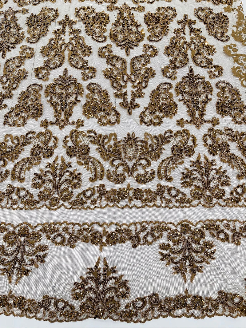 My Lady Beaded Fabric - Brown - Damask Beaded Sequins Embroidered Fabric By Yard