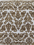 My Lady Beaded Fabric - Brown - Damask Beaded Sequins Embroidered Fabric By Yard