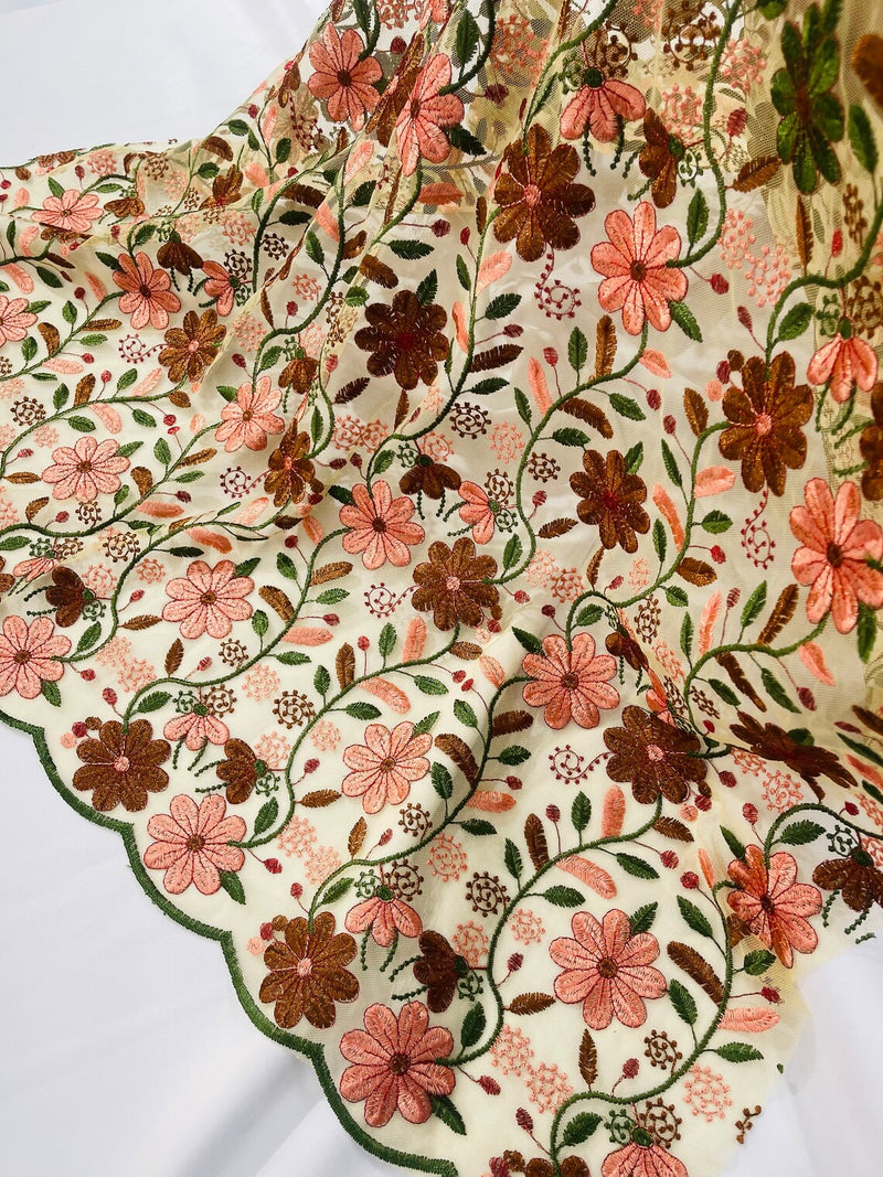 Multi-Color Floral Fabric - Brown/Green/Coral - Floral Design Embroidery Lace Fabric By Yard