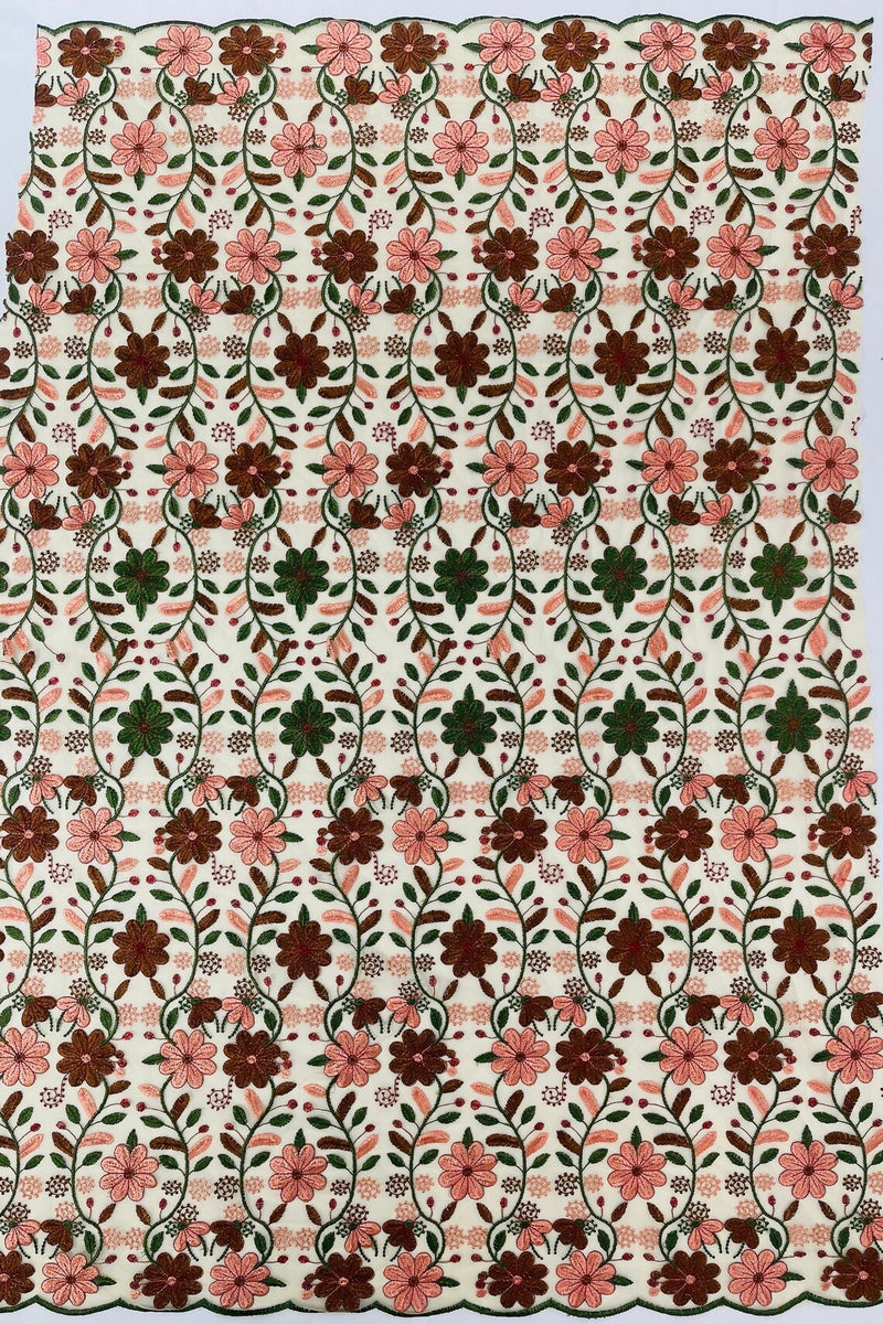 Multi-Color Floral Fabric - Brown/Green/Coral - Floral Design Embroidery Lace Fabric By Yard