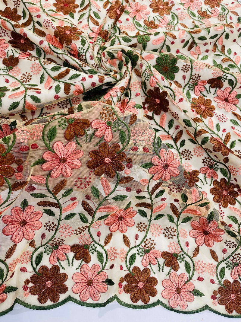 Multi-Color Floral Fabric - Brown/Green/Coral - Floral Design Embroidery Lace Fabric By Yard