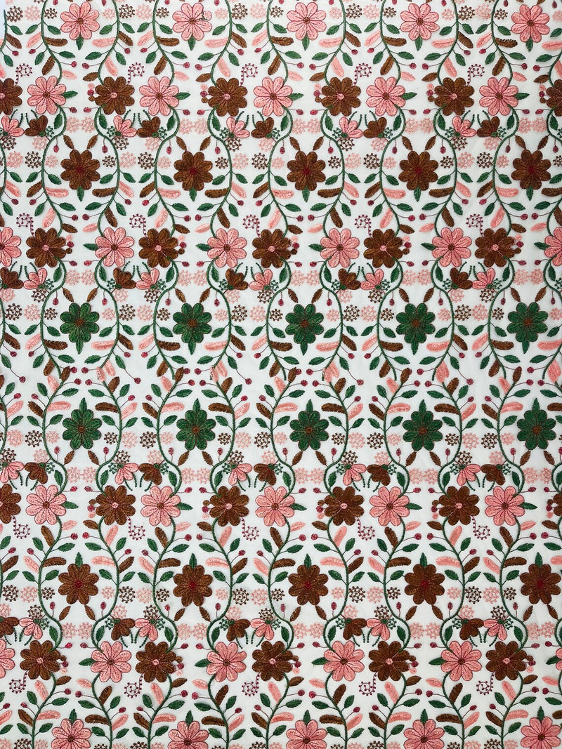 Multi-Color Floral Fabric - Brown/Green/Coral - Floral Design Embroidery Lace Fabric By Yard