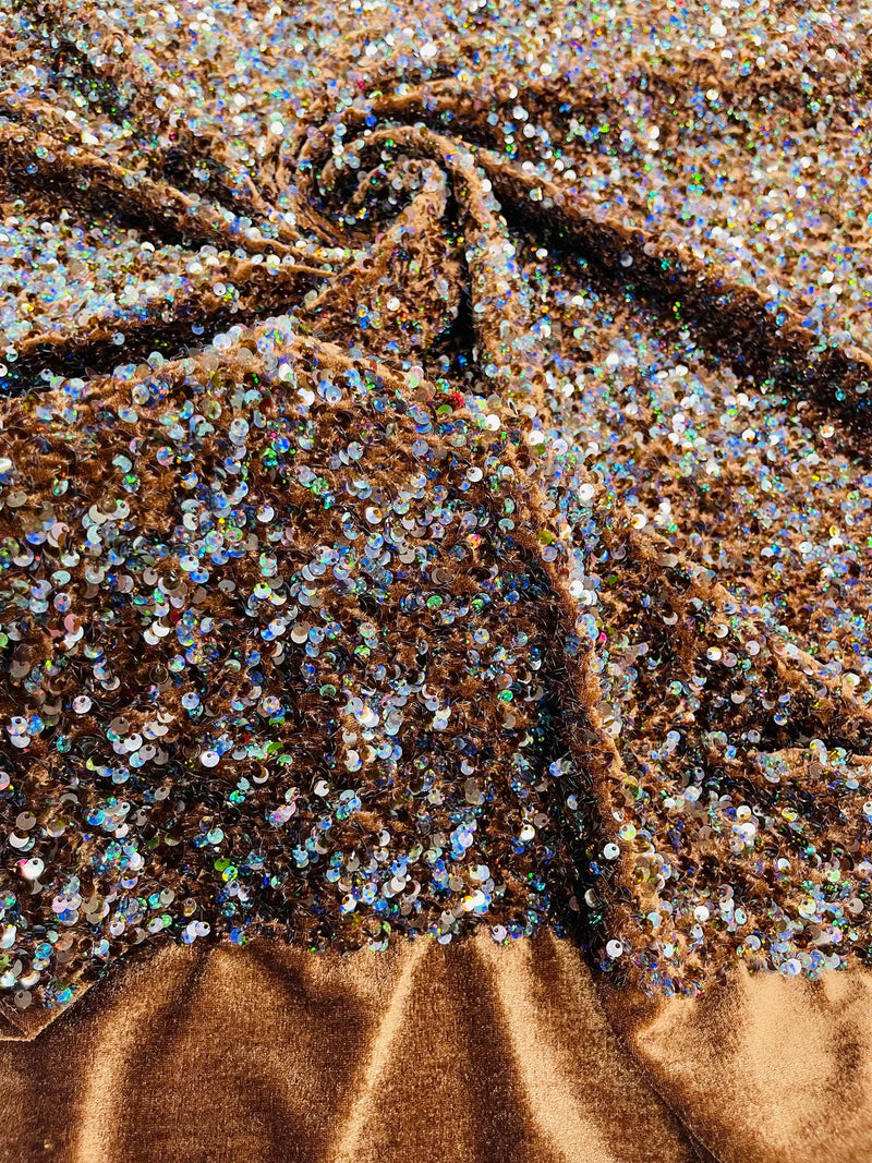 58/60" Velvet Sequins Stretch Fabric - Brown Hologram - Velvet Sequins 2 Way Stretch Sold By Yard