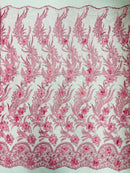 3D Floral Leaf Line Panels - Bubble Gum - 3D Embroidered Flower Lines with Pearls on Lace By Yard